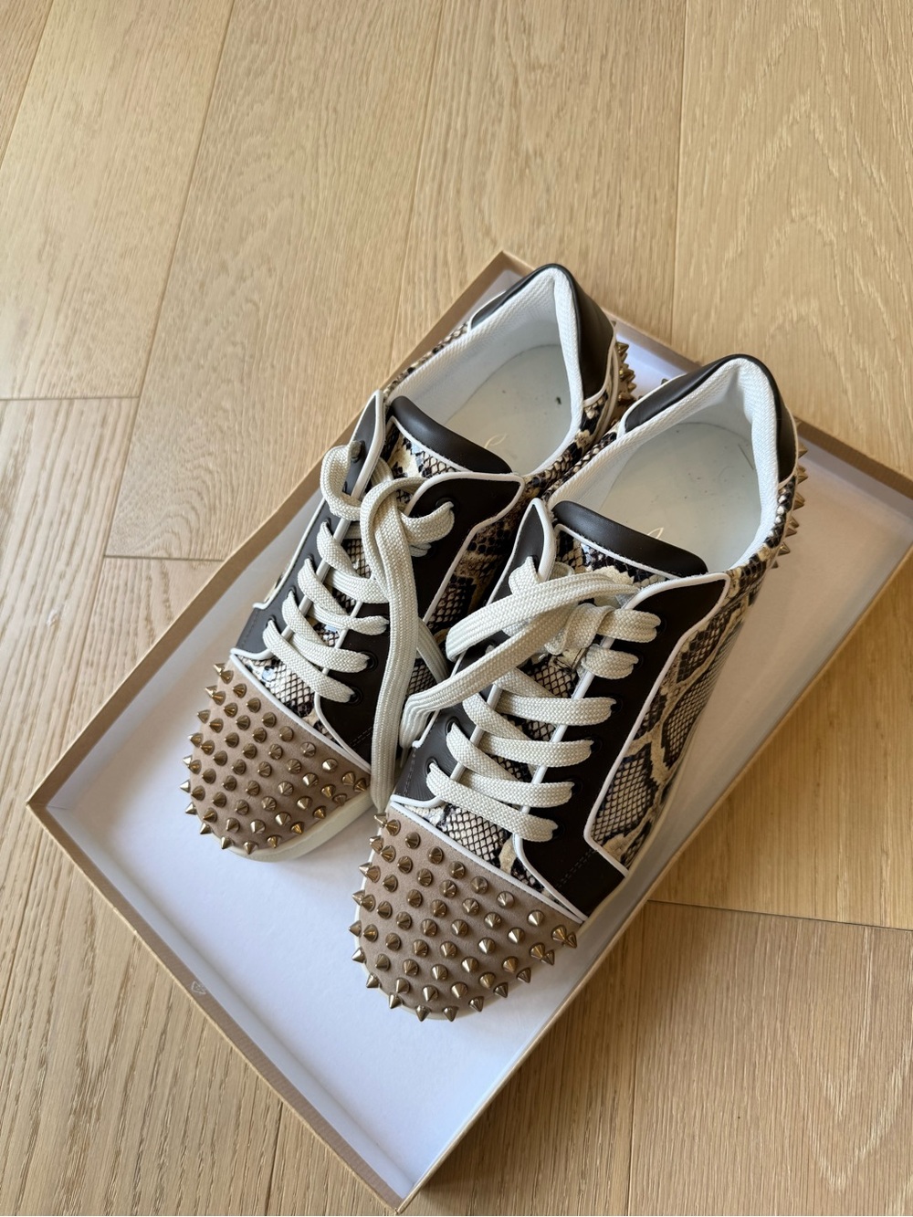 Christian Louboutin Studded Snake-Print Low-Top Sneakers in Black and Beige